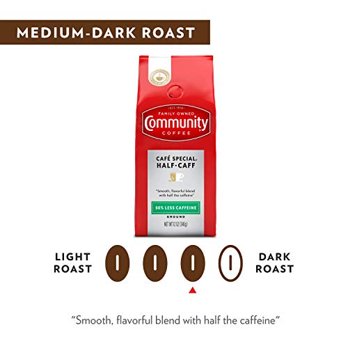  Community Coffee Cafe Special Half-Caff Medium Dark Roast Ground Coffee for Mornings and Special Occasions, 12 Ounces (