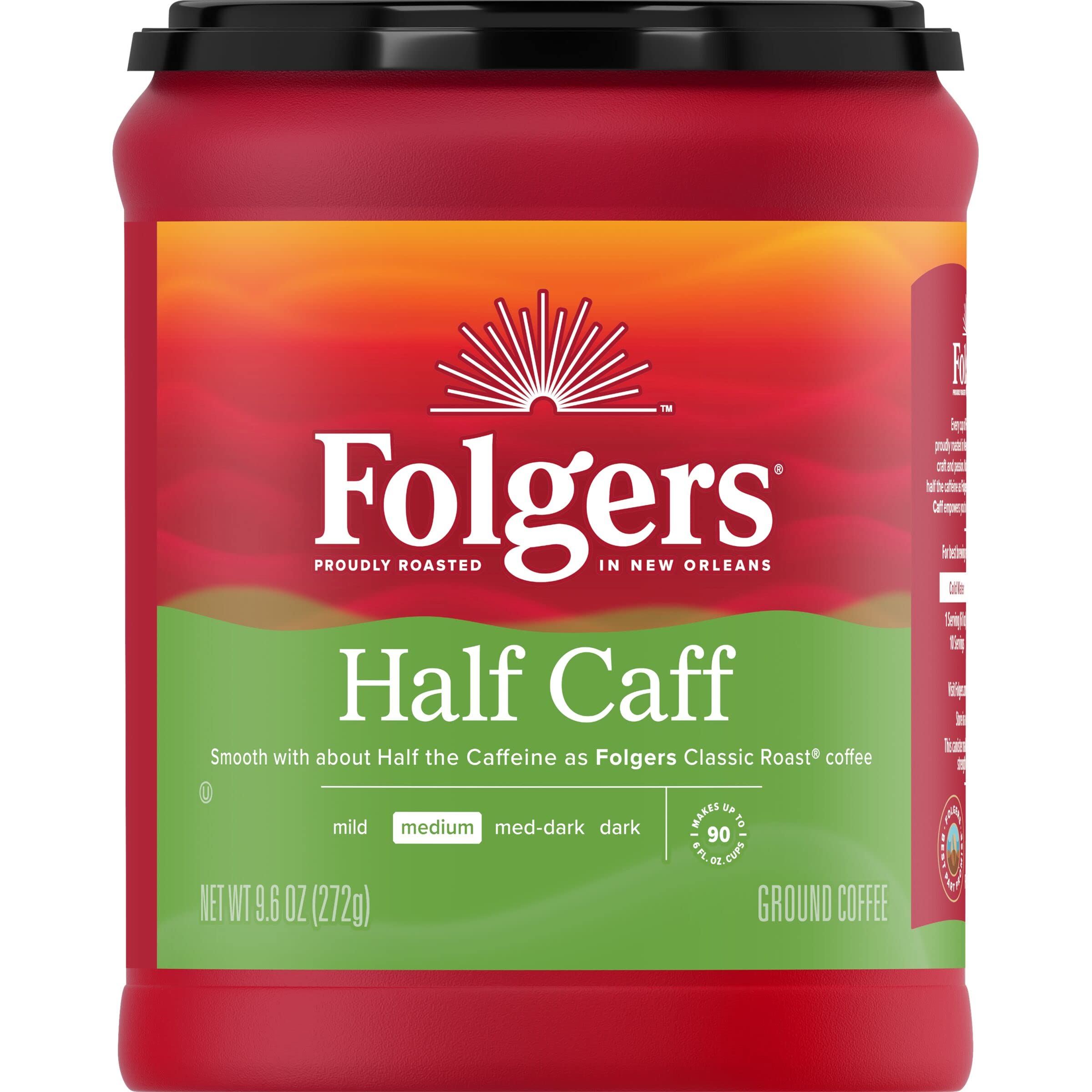  Folgers Half Caff Ground Coffee, Medium Roast - Premium Taste for Mornings, 9.6 Ounce
| Folgers Half Caff Ground Coffee