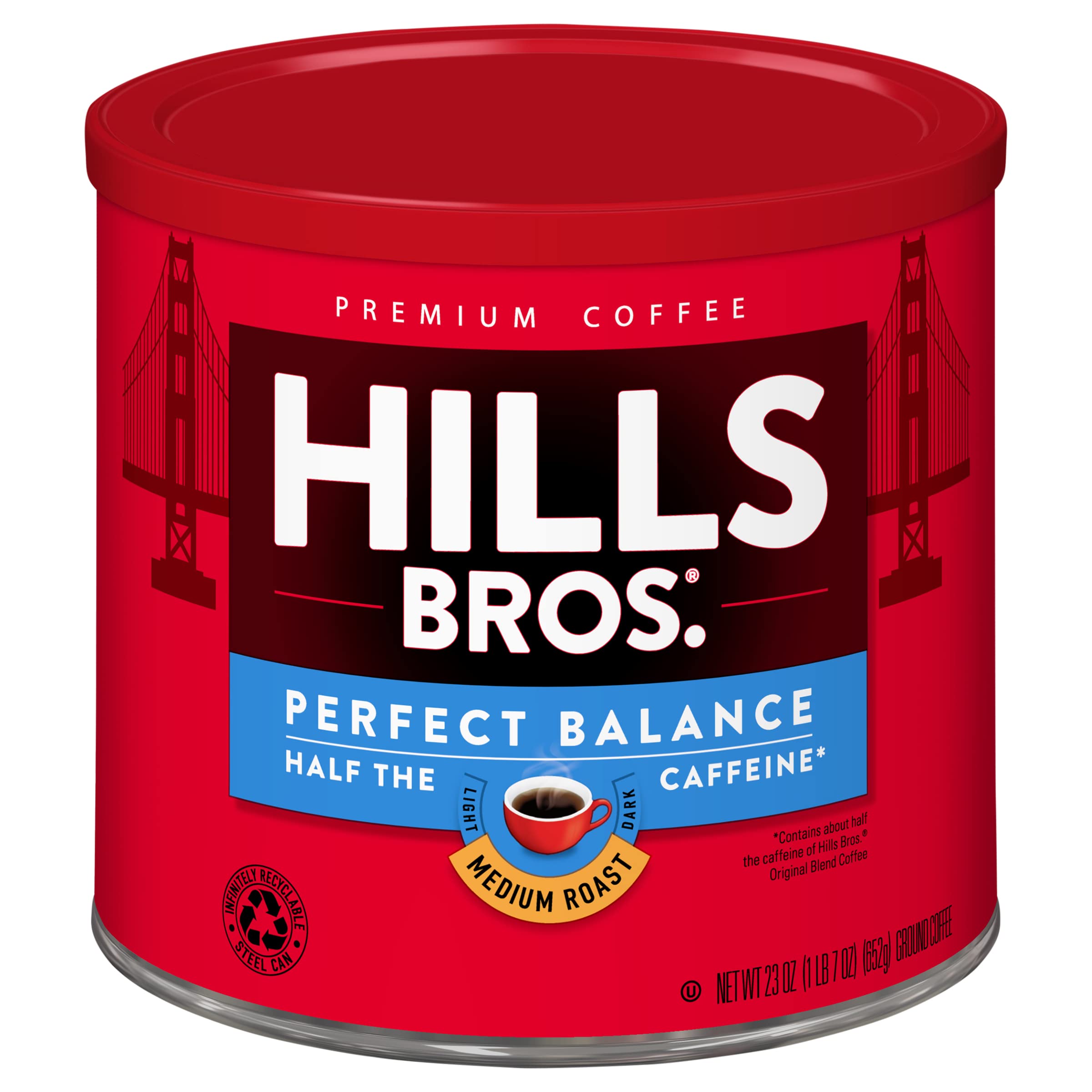Hills Bros Perfect Balance Medium Roast Ground Coffee, Half the Caffeine, Full-Bodied Classic Rich Taste for Health-Cons