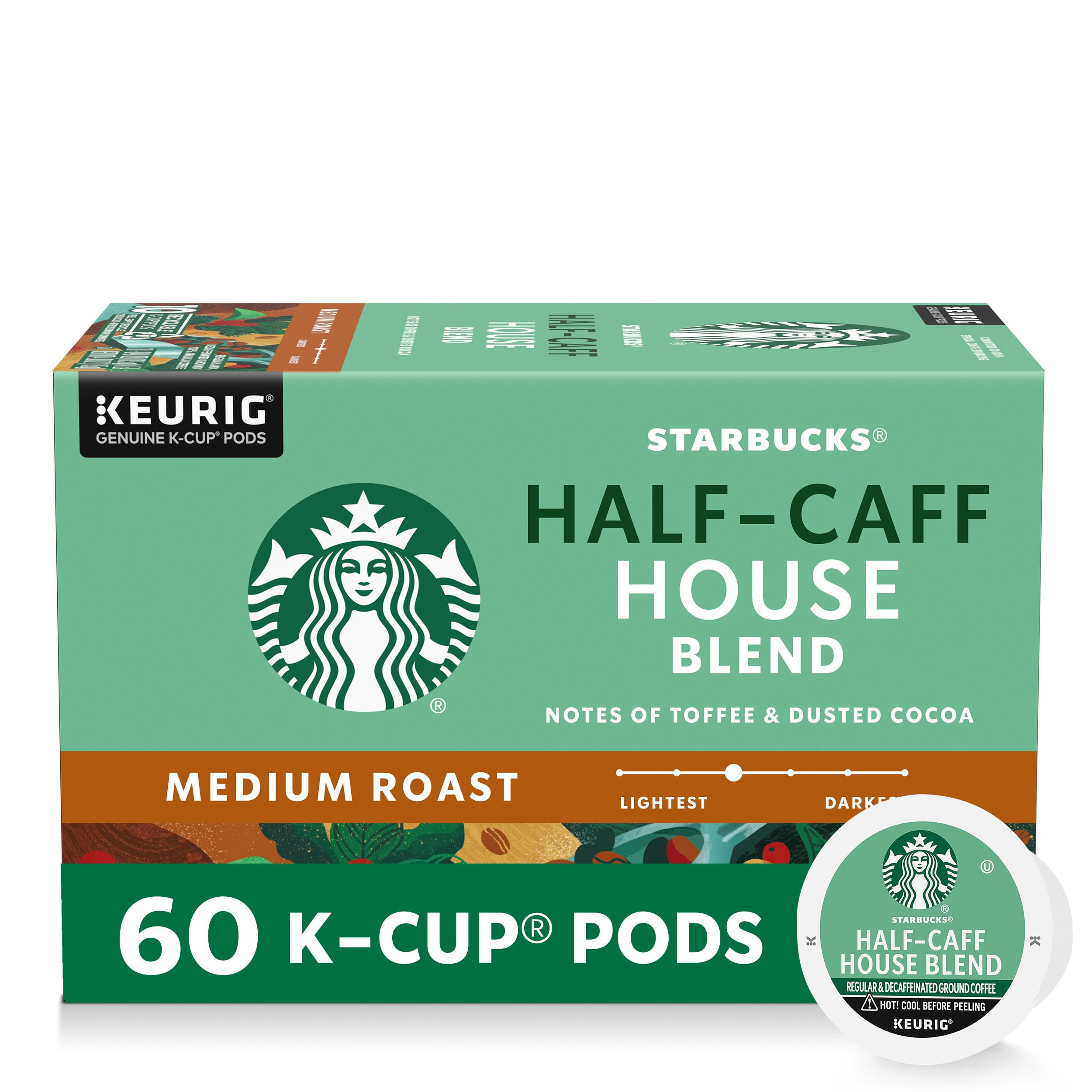 Starbucks Half-Caff House Blend Medium Roast Hot or Iced Coffee Pods, 60 Keurig Pods for Coffee Lovers at Home and Work