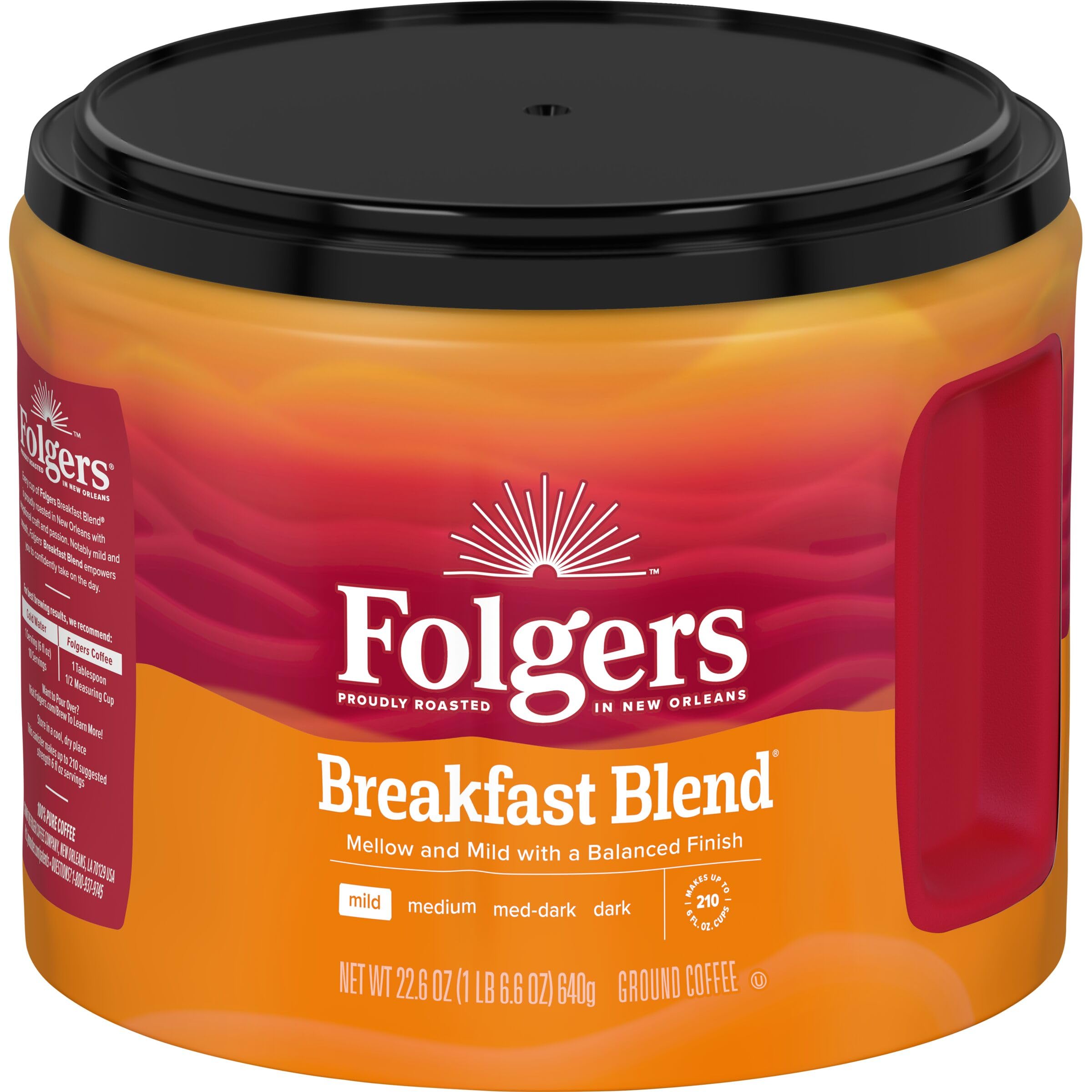  Folgers Breakfast Blend Ground Coffee, Smooth and Mild Tasting, Perfect for Early Birds, Office Work, 2|6 Ounce Caniste
